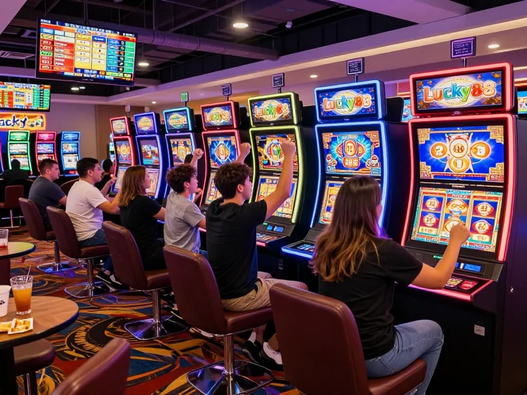 Players enjoying the Lucky88 slot machine at a vibrant casino, celebrating big wins amidst dazzling lights.