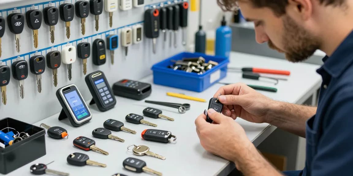 Fachmann repariert Schlüssel für Auto mit verschiedenen Modellen im Hintergrund.