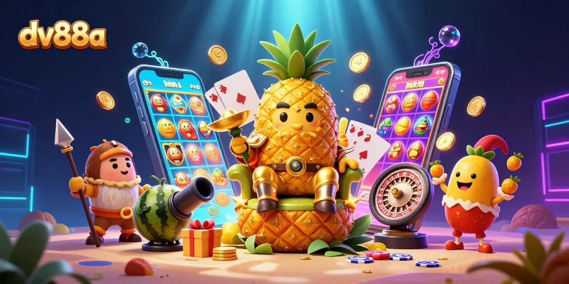 Hit the jackpot with dv88a at this vibrant casino scene featuring a golden pineapple king and exciting games.