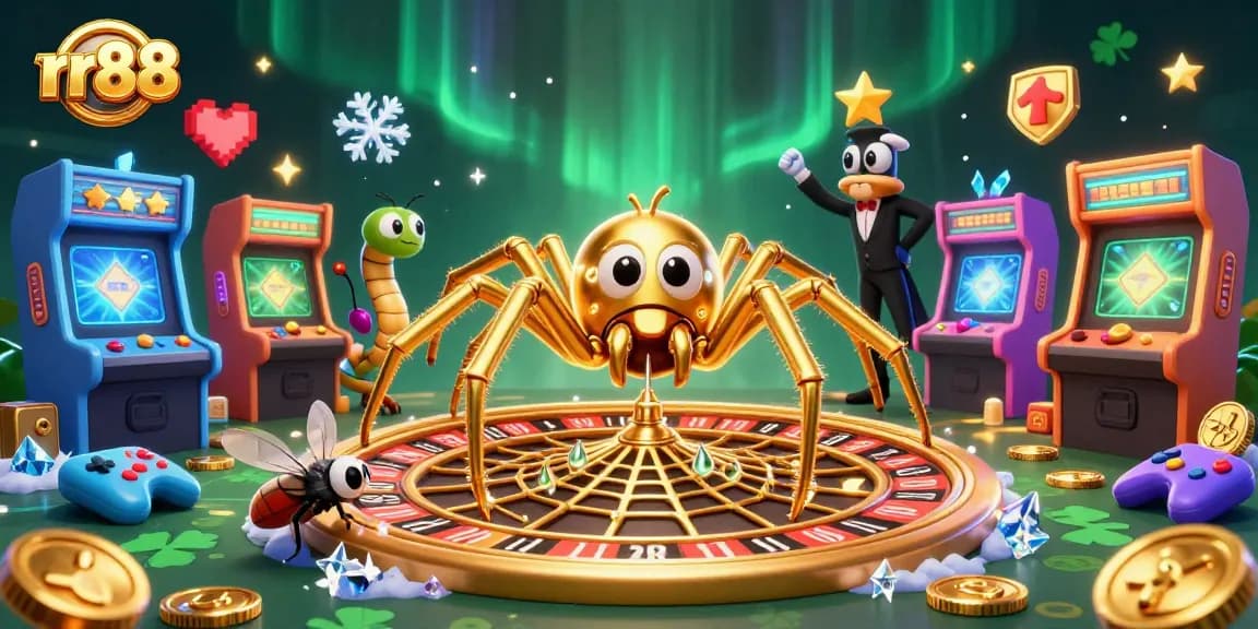 Experience betting risks at rr88 with a cartoon casino scene featuring a spider and fly.