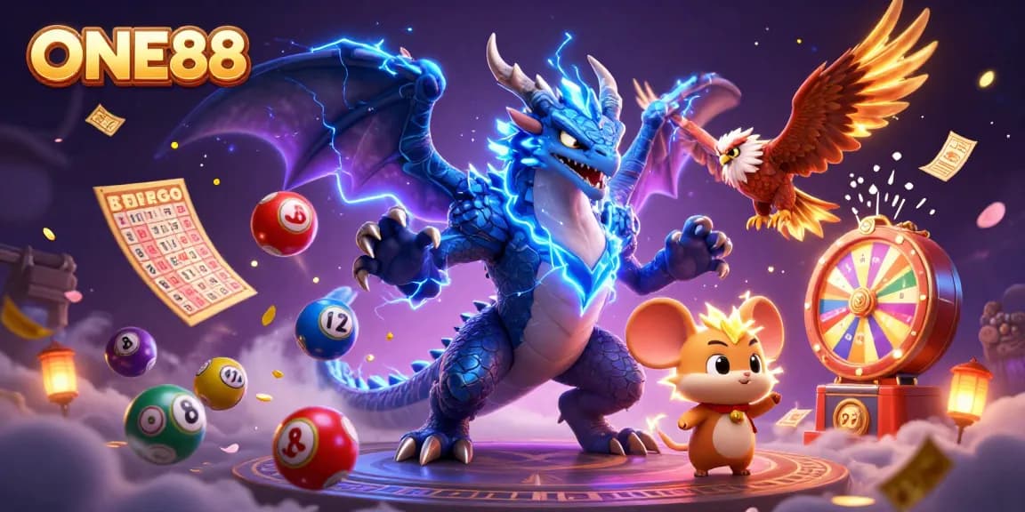 Immerse in ONE88's electrifying world of lottery games, with vibrant elements and dynamic characters.