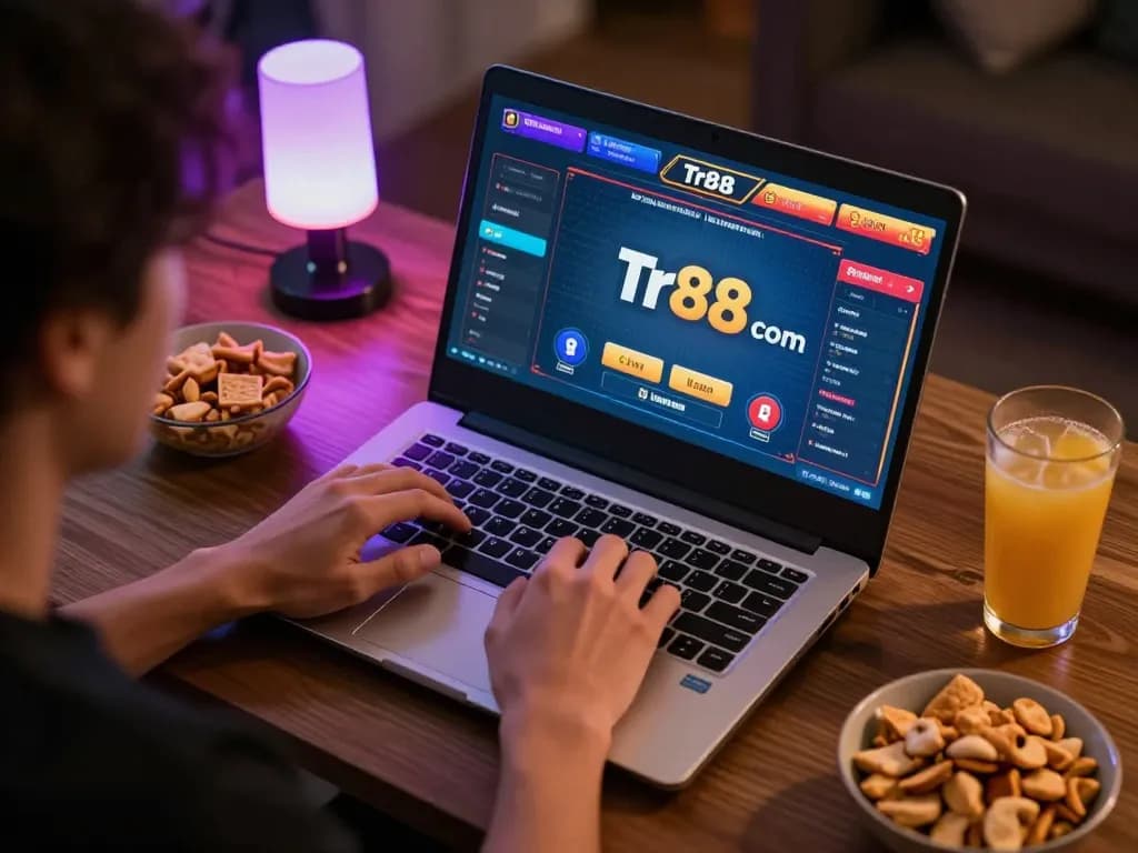 Engaging online gaming at Tr88 com with a user at a laptop during a live dealer game.