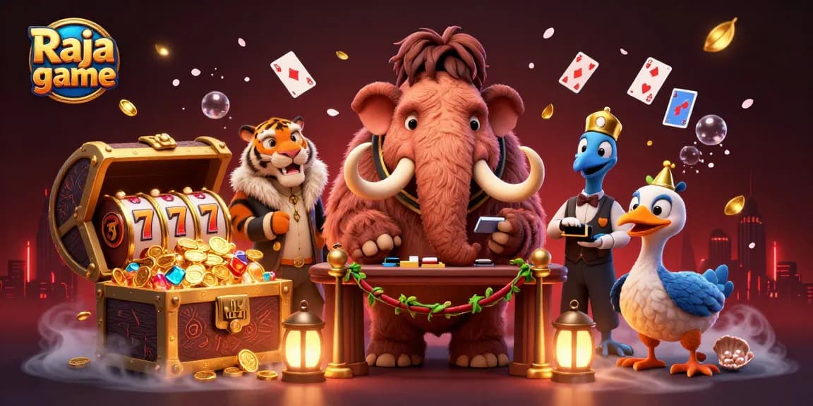 Join Raja game action with a woolly mammoth bouncer and a saber-tooth tiger in a vibrant casino scene.