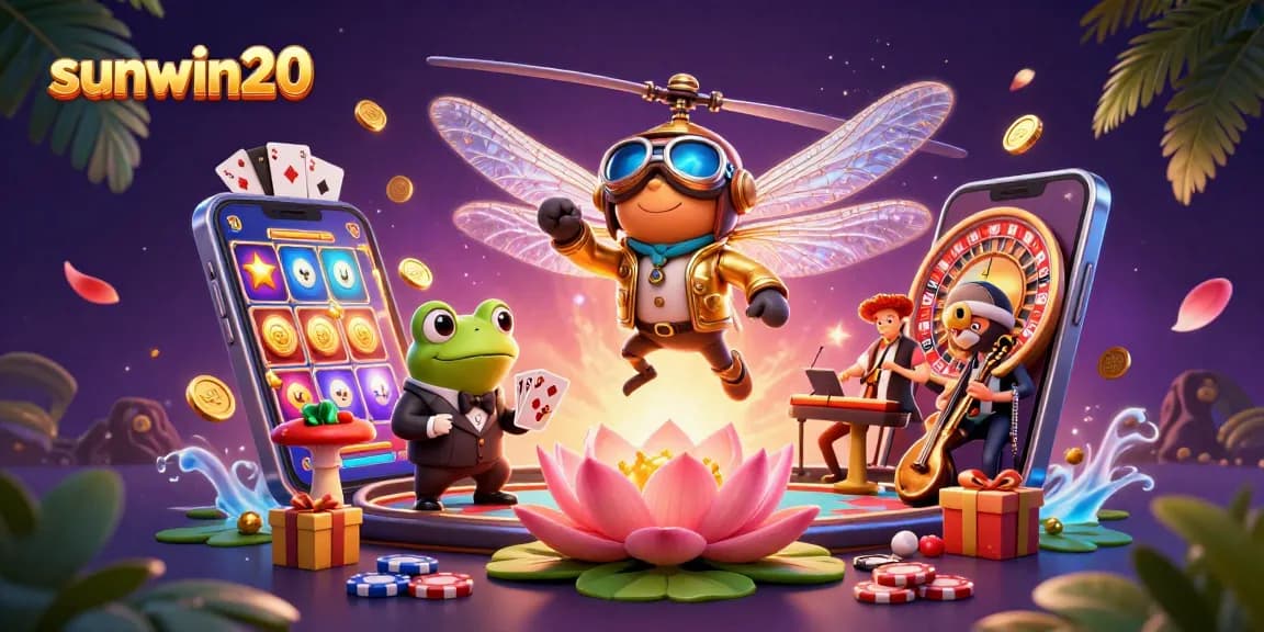 Experience lively gaming with sunwin20, featuring a dragonfly pilot and frog croupier in an engaging casino scene.