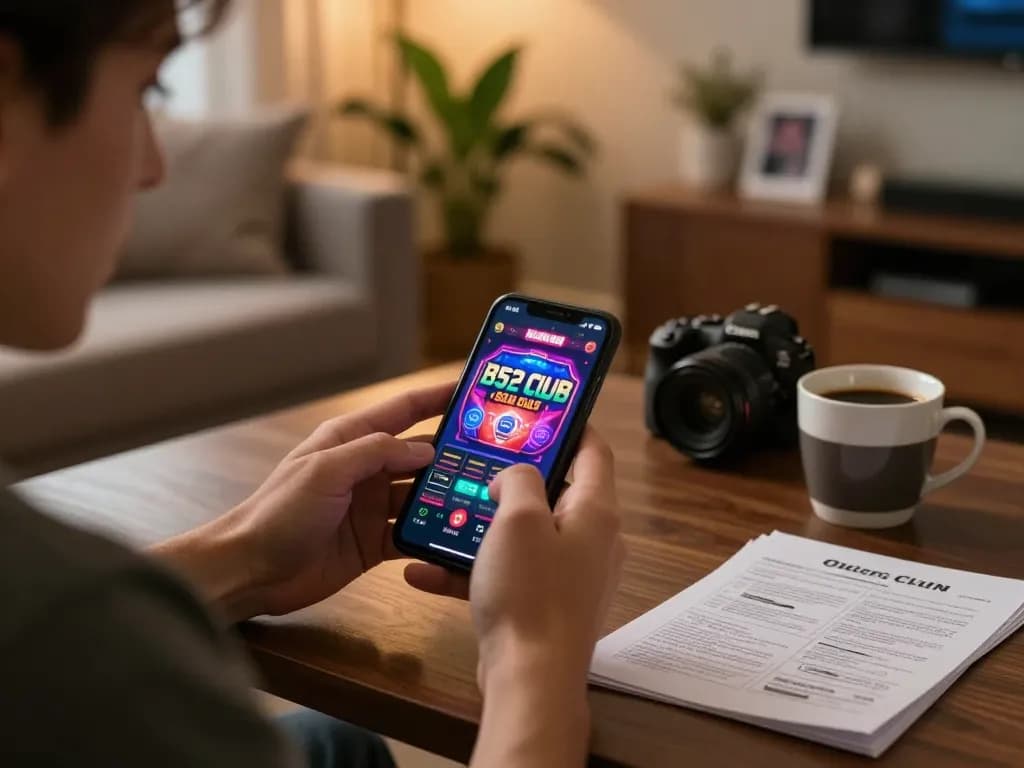 This image shows a player enjoying online gambling with B52ClubPro on their smartphone, in a cozy home environment.