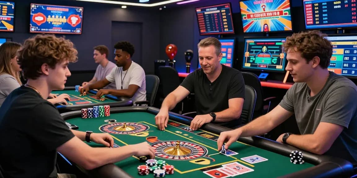 Envision vibrant online gaming at https://hm88.social/ with players engaged in live casino activities, illuminated gaming interfaces, and a dynamic atmosphere.