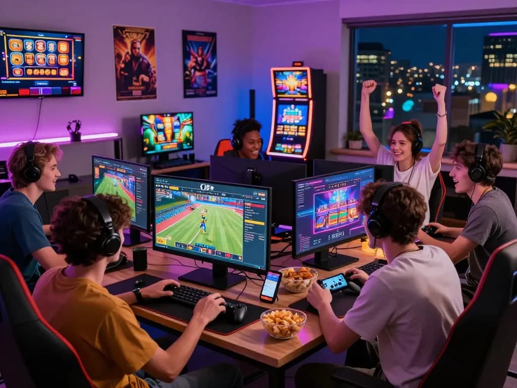 Exciting gaming night with friends exploring O8 games and interactive bets at https://o8.delivery/ showcasing a lively atmosphere.
