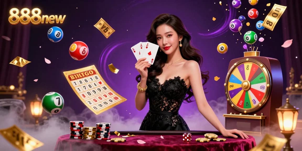 Experience the thrill at 888new with a stylish woman holding playing cards and lottery elements.