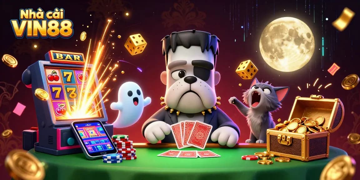 Experience exhilarating gaming at Nhà cái VIN88 with a vibrant 3D casino scene showcasing fun characters and thrilling action.