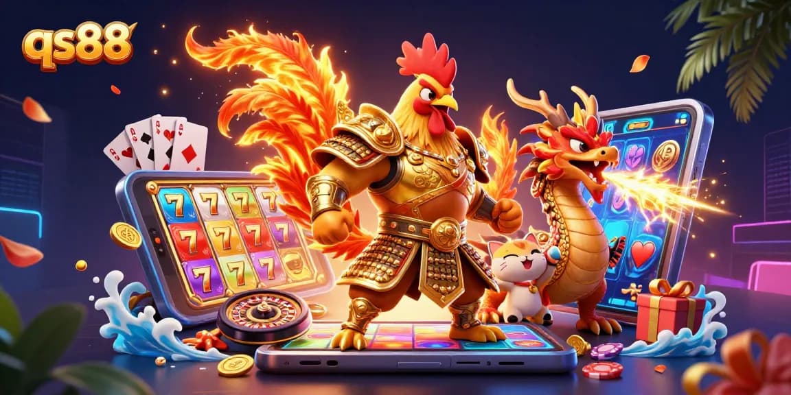 Experience exciting gameplay at qs88 with a powerful rooster warrior, dragon hatchling, and vibrant slot game elements.