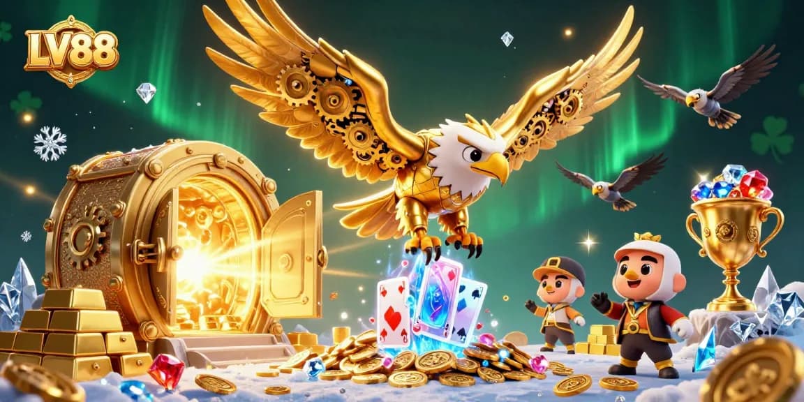 Experience LV88 excitement with a golden eagle soaring through a sea of holographic playing cards.