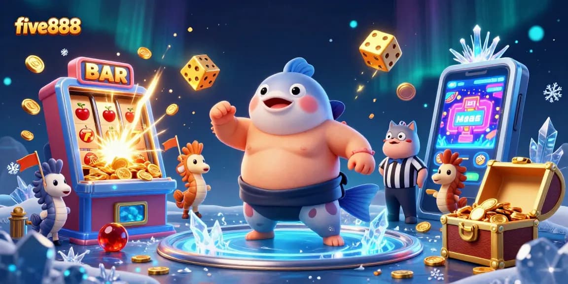 five888 spins the jackpot with energetic characters in a vibrant casino scene full of action.