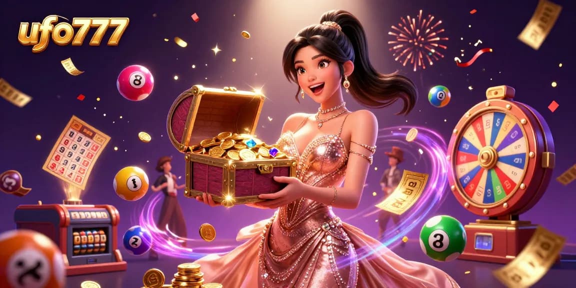 Spin, win, and enjoy the vibrant excitement of ufo777 with a bursting treasure and lottery atmosphere.