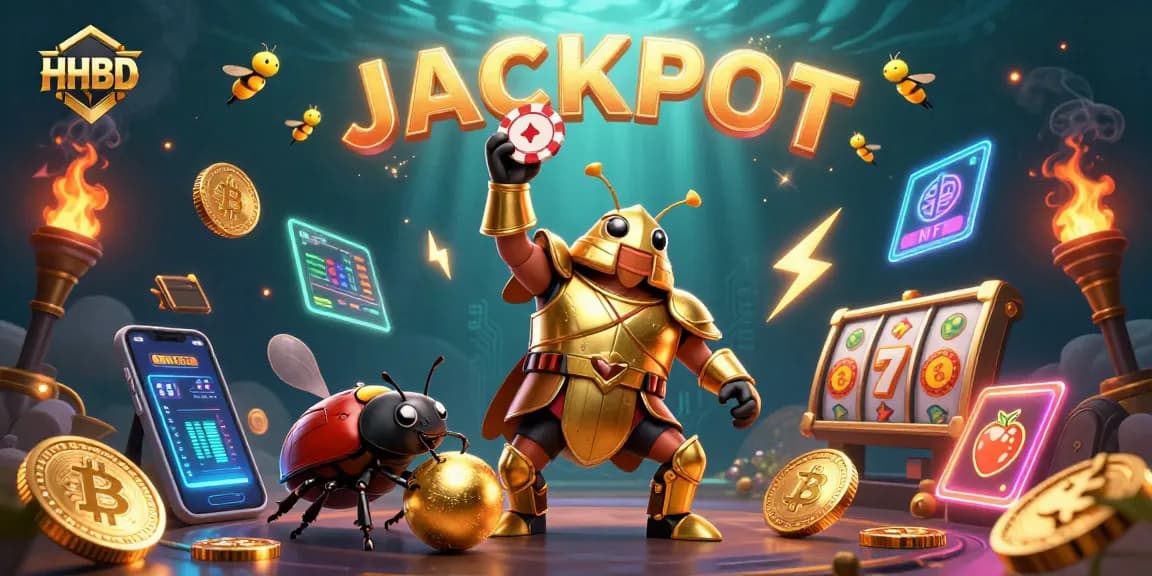 Experience thrilling HHBD casino victories with a 3D illustration of a heroic beetle championing poker and crypto.