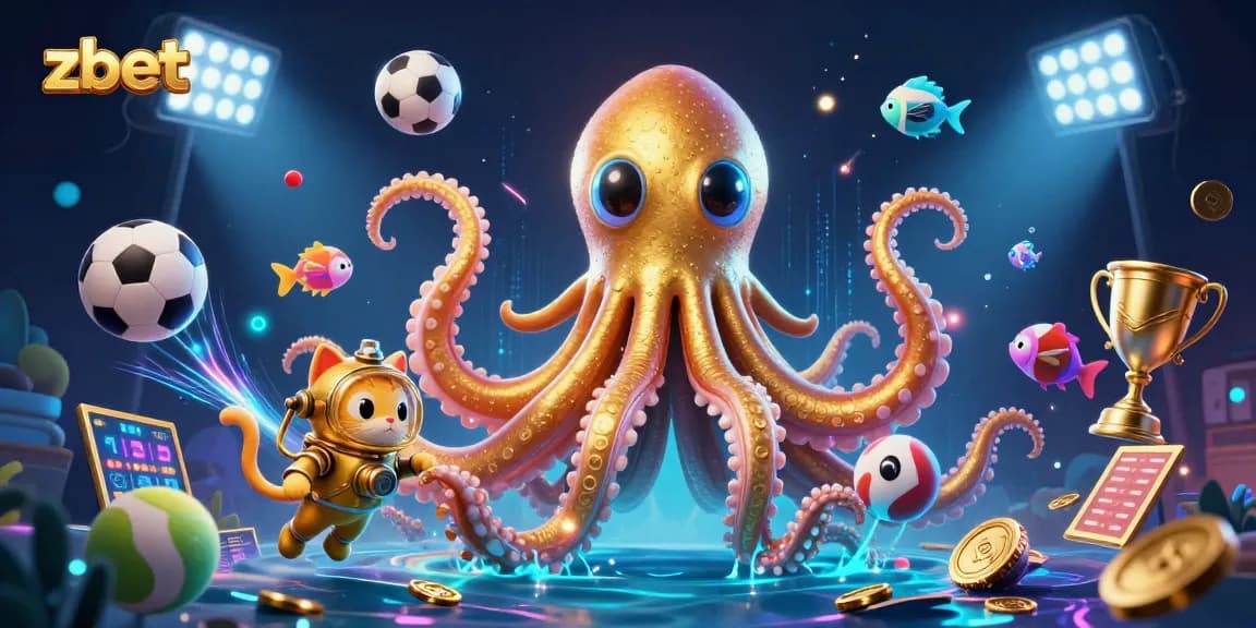 Experience thrilling sports action with zbet, showcasing a kraken, diving cat, and vibrant sports elements.
