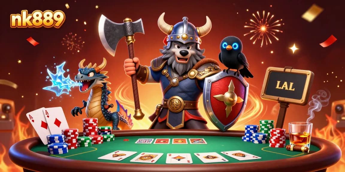 Experience thrilling gameplay at nk889 with a heroic Viking wolf warrior and fierce dragon.