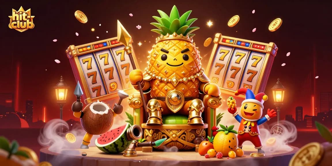 Spin and win with hit-club at the vibrant beach casino featuring a golden pineapple king.