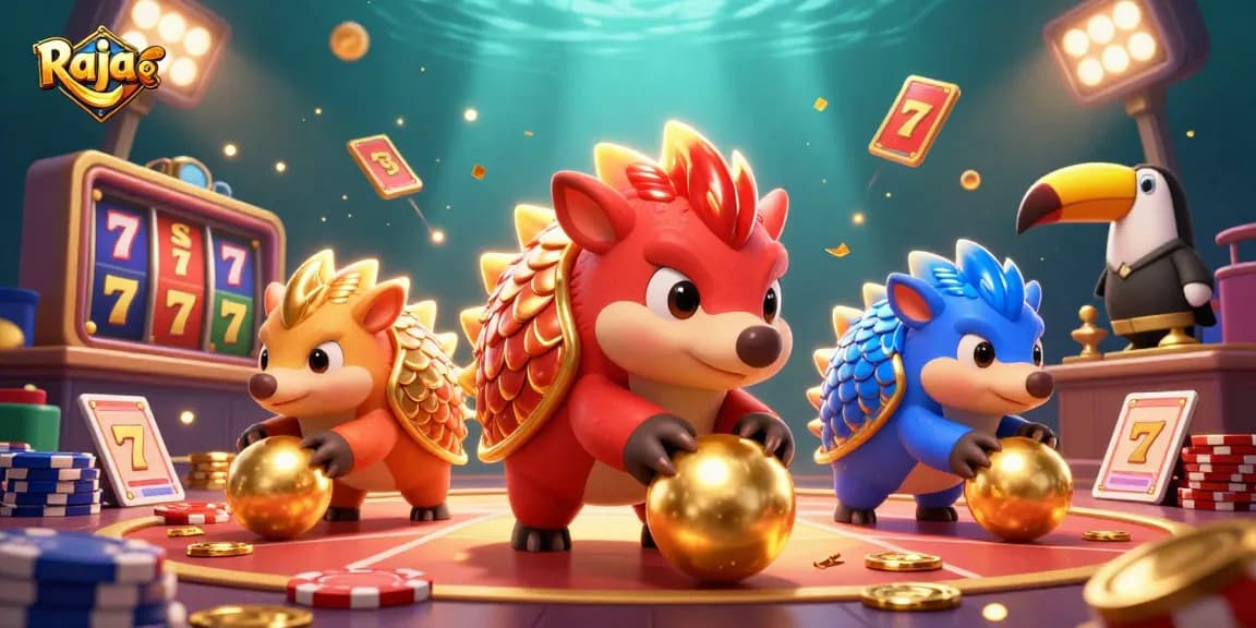 Join the exciting Raja Game experience with colorful pangolins playing slot games.