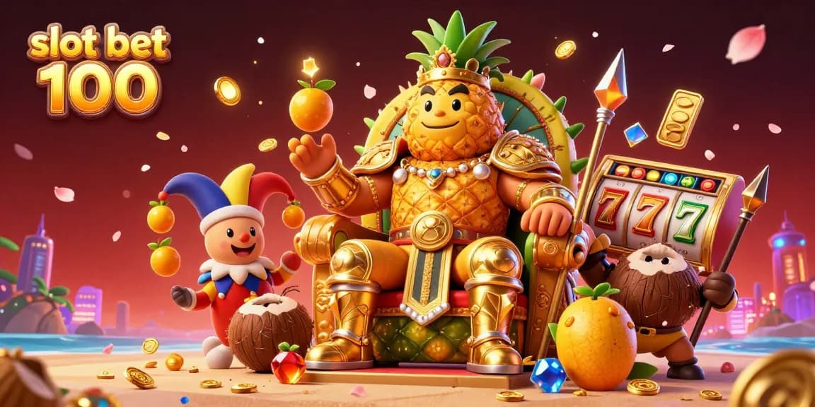 Engage with slot bet 100 as the golden pineapple king reigns over a vibrant casino scene filled with slots and treasures.
