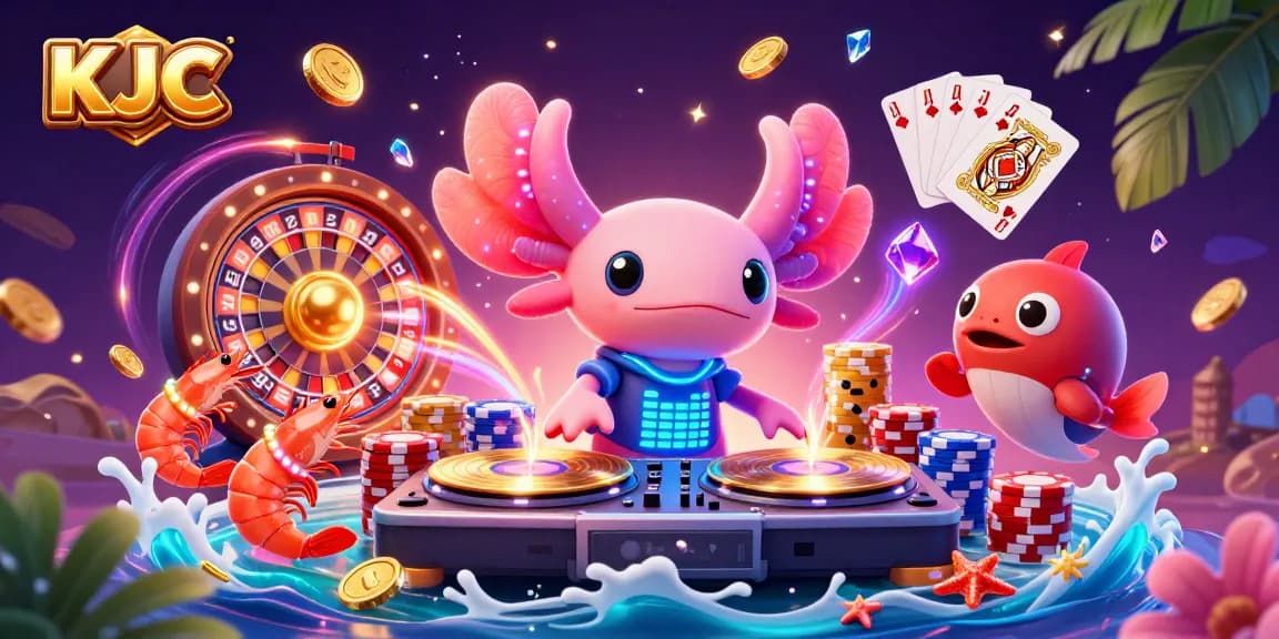Engage with KJC's dynamic casino experience featuring vibrant characters, golden coins, and exhilarating game elements.