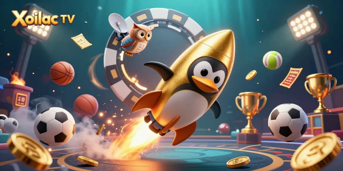 Experience Xoilac TV with a golden penguin racing through a cosmic casino atmosphere, showcasing engaging sports betting elements.