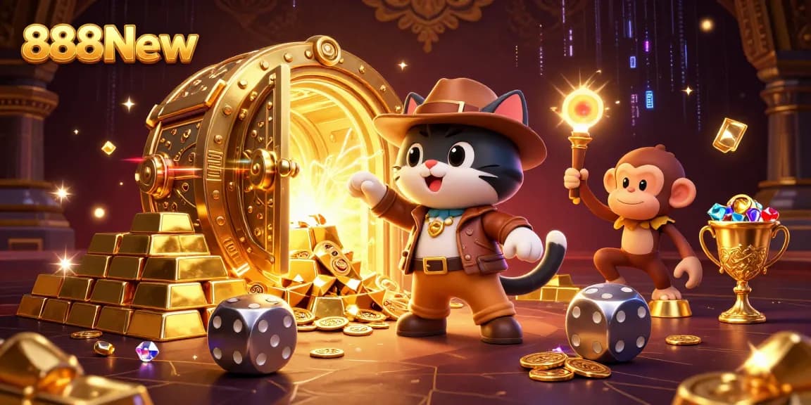 Win exciting prizes at 888New with a 3D illustration of a cat explorer discovering golden casino treasures.