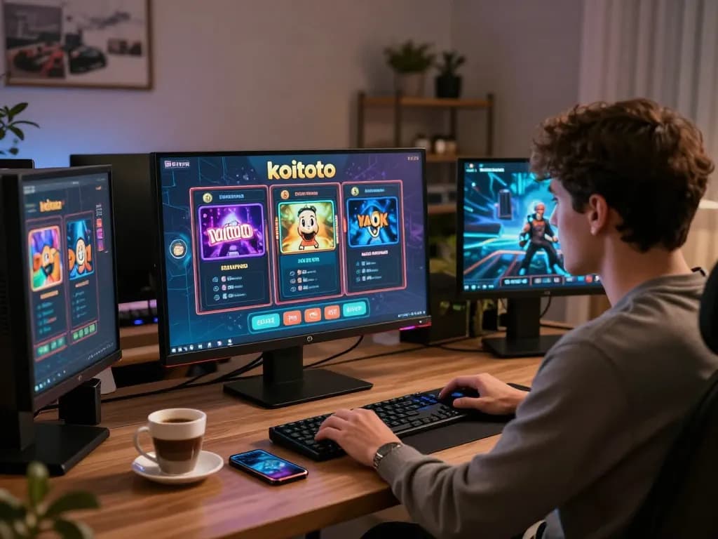 Engaging in exciting koitoto slot games in a stylish home office setup with interactive display.