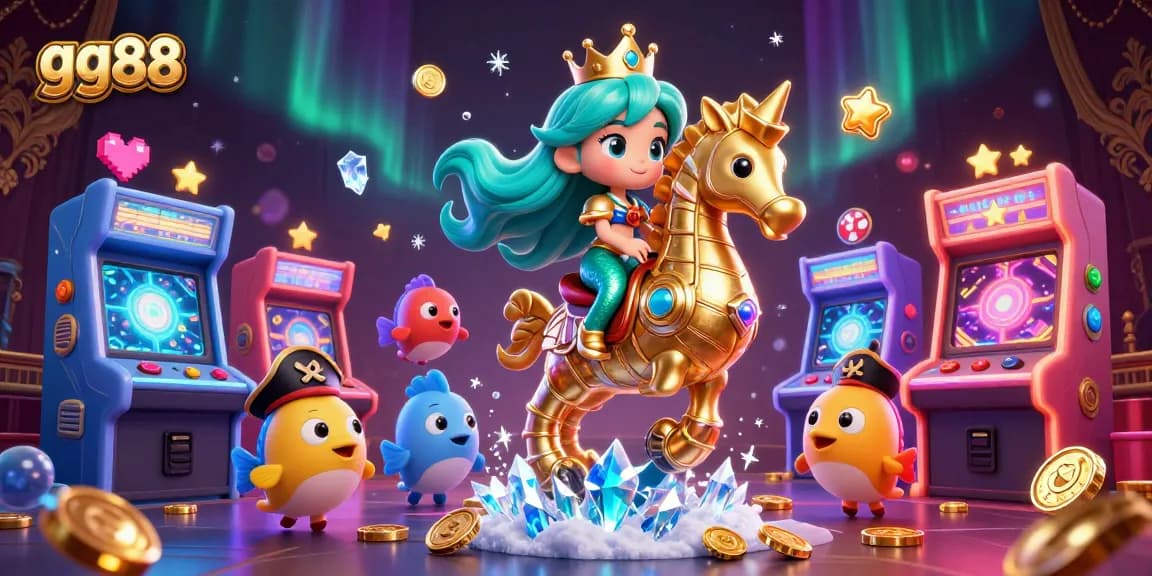 Engage in thrilling gameplay with gg88's cartoon mermaid princess and seahorse in an animated casino world.
