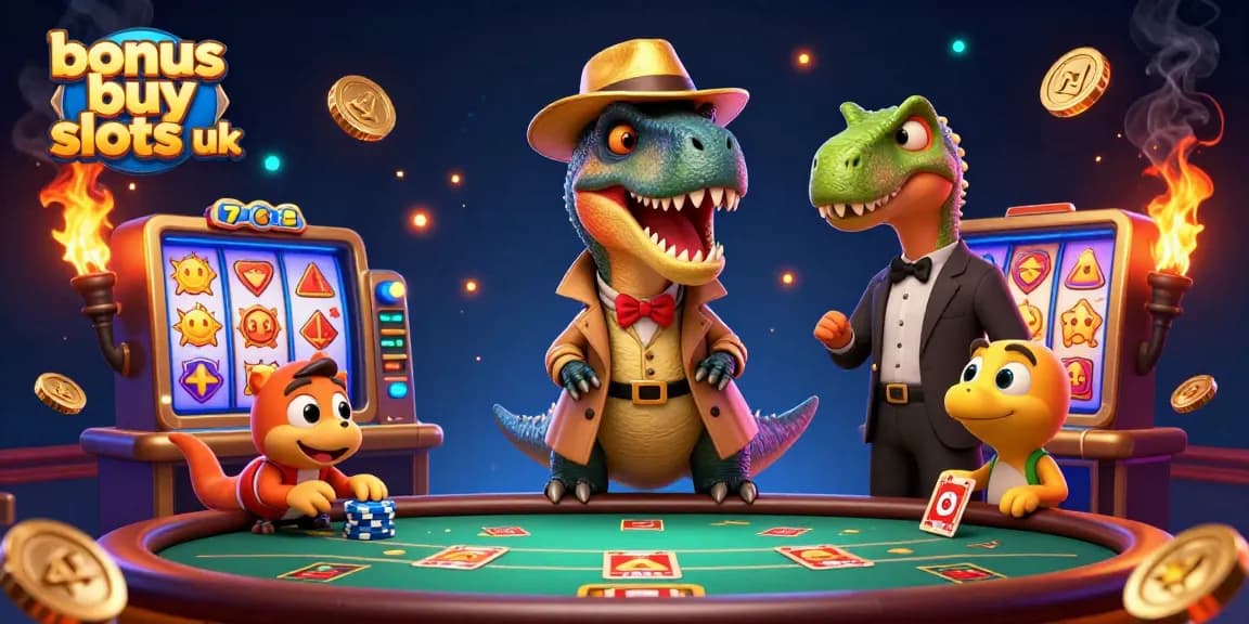 Experience the excitement of bonus buy slots uk with a velociraptor card counter and a stegosaurus pit boss in a lively casino environment.