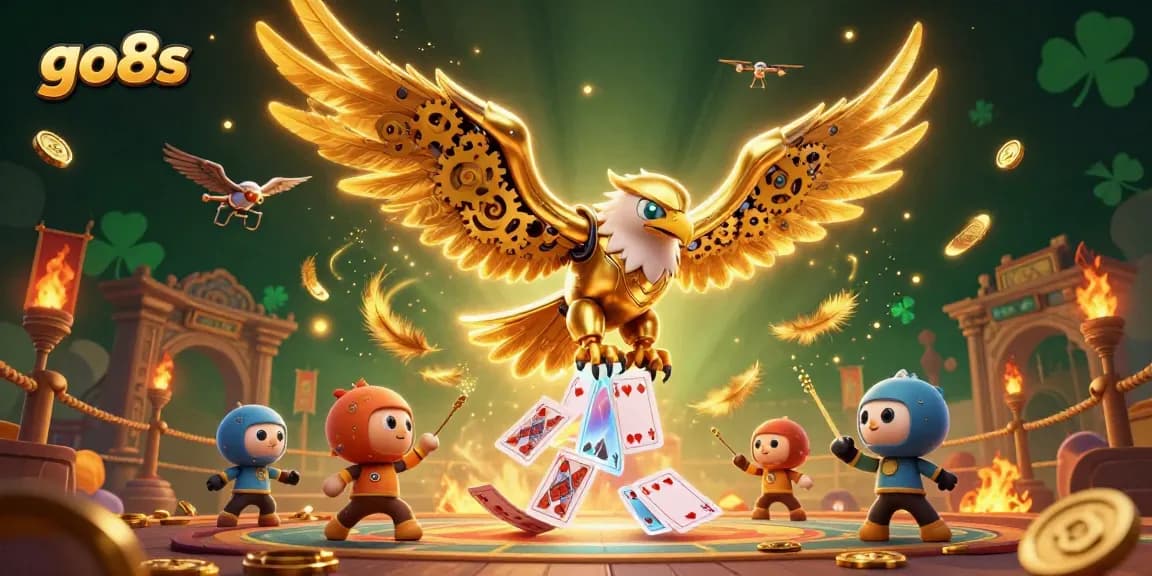 Join the exciting gaming adventure at go8s with a golden eagle navigating through holographic cards in a dynamic casino scene.