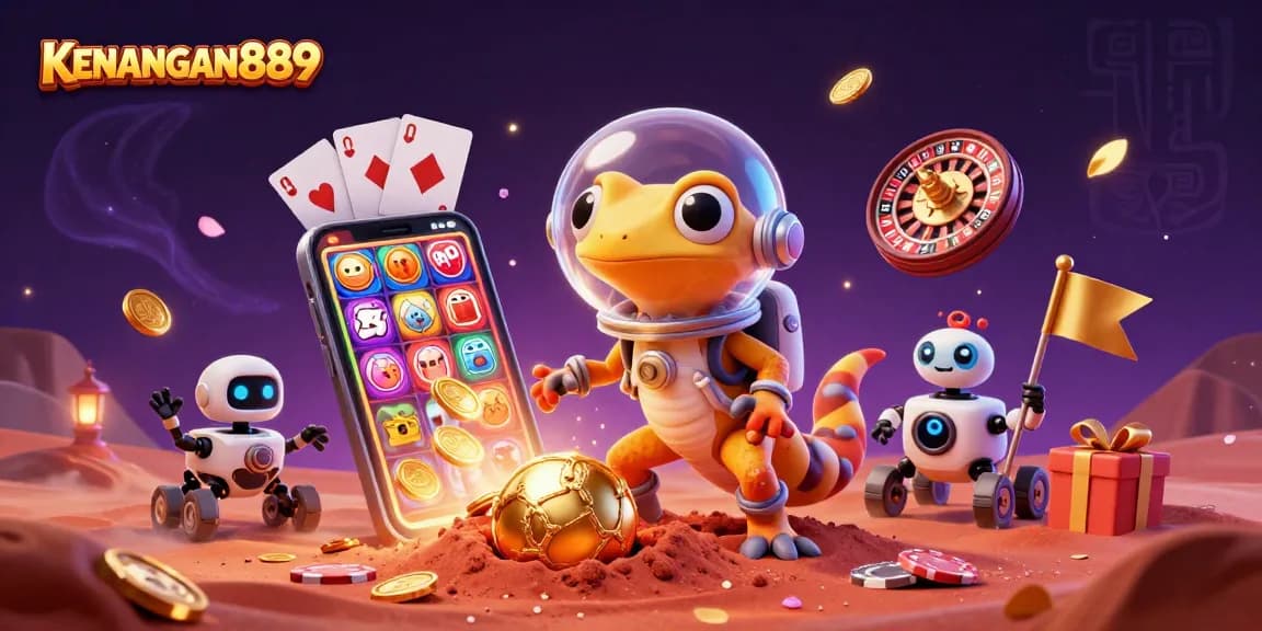 Play thrilling games at KENANGAN889 with a Martian gecko exploring a casino filled with exciting slots and games
