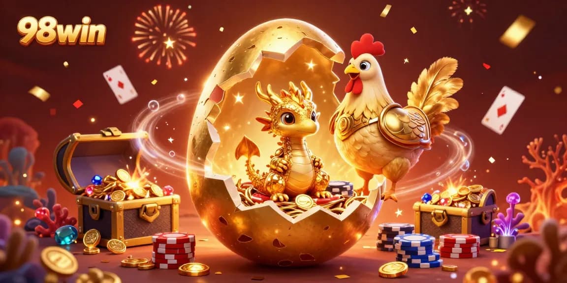 Experience the excitement of winning at 98win with a vibrant casino scene featuring a golden dragon and poker chips.