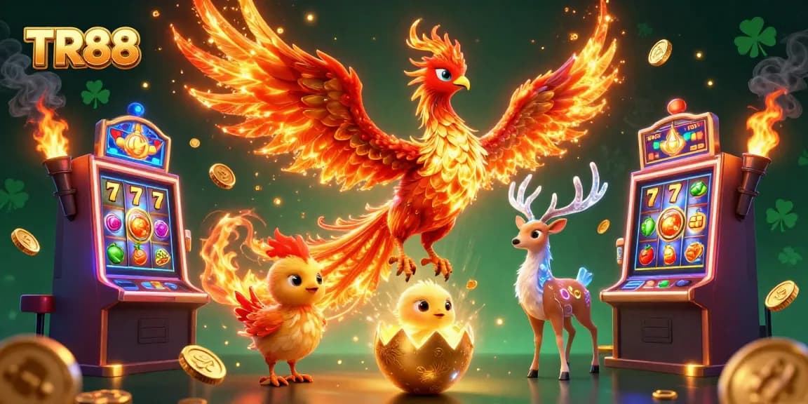 Experience TR88's exciting slot gaming with a dramatic 3D phoenix and golden elements.