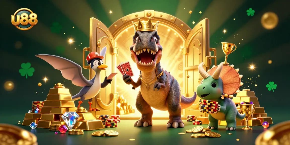 Experience thrilling card games at u88 with exciting characters and a gold-filled casino backdrop.