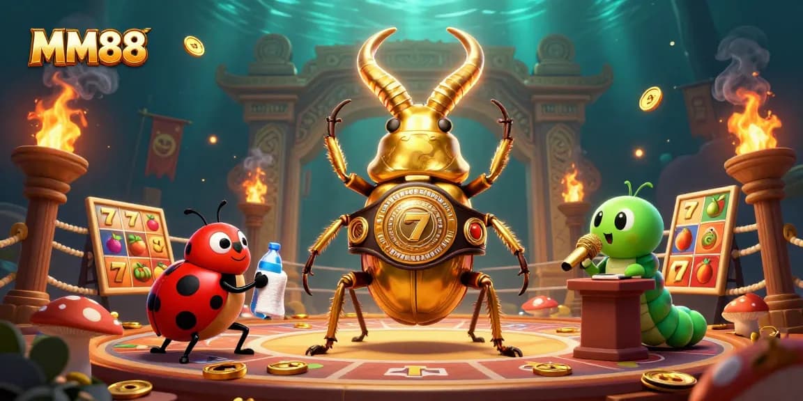 Experience MM88's thrilling slots adventure with a giant golden beetle and vibrant casino elements.