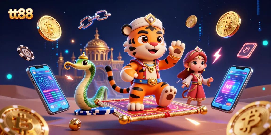 Engage with the thrilling world of tt88 casino, featuring a dynamic scene with a tiger sultan and magical elements.
