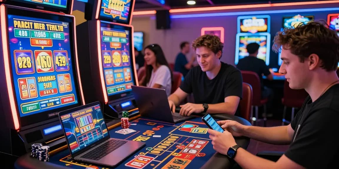 Players enjoying a credit card casino experience with bright lights, game screens, and dynamic atmosphere.