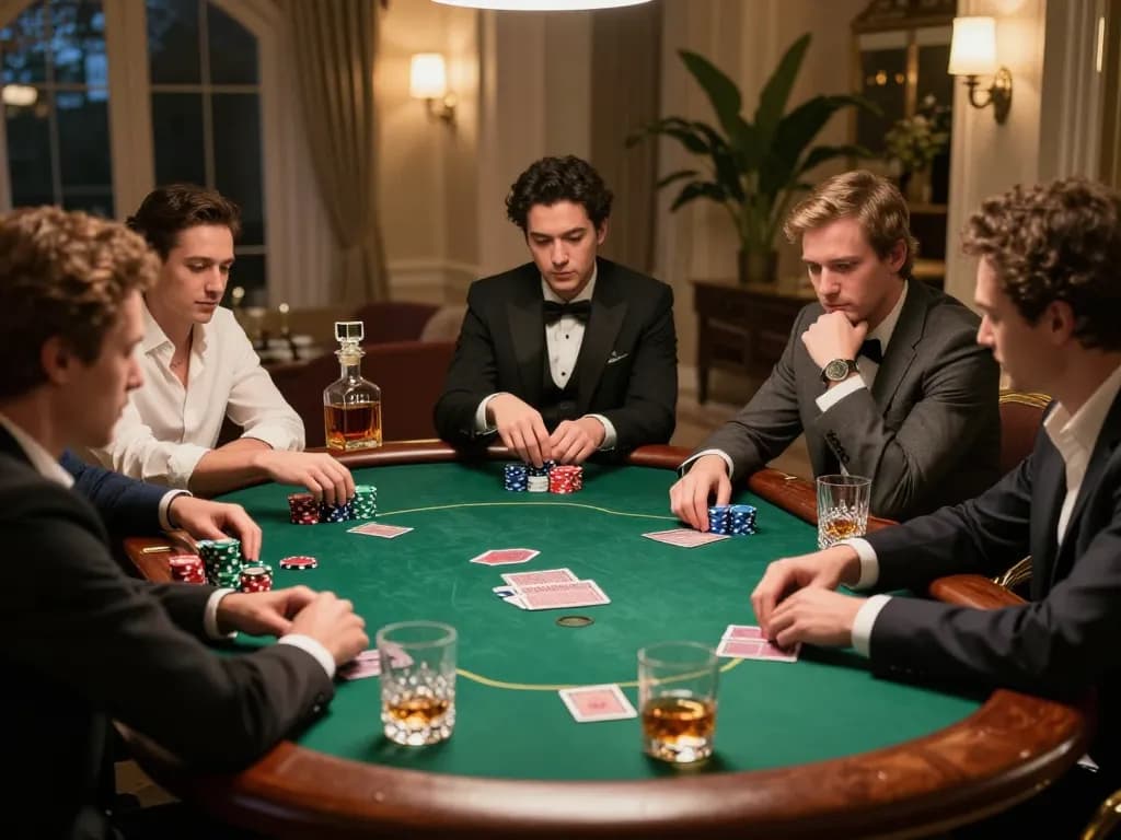 Competitive poker gameplay at dacsandatphanrang gathering with focused players at a luxurious table.