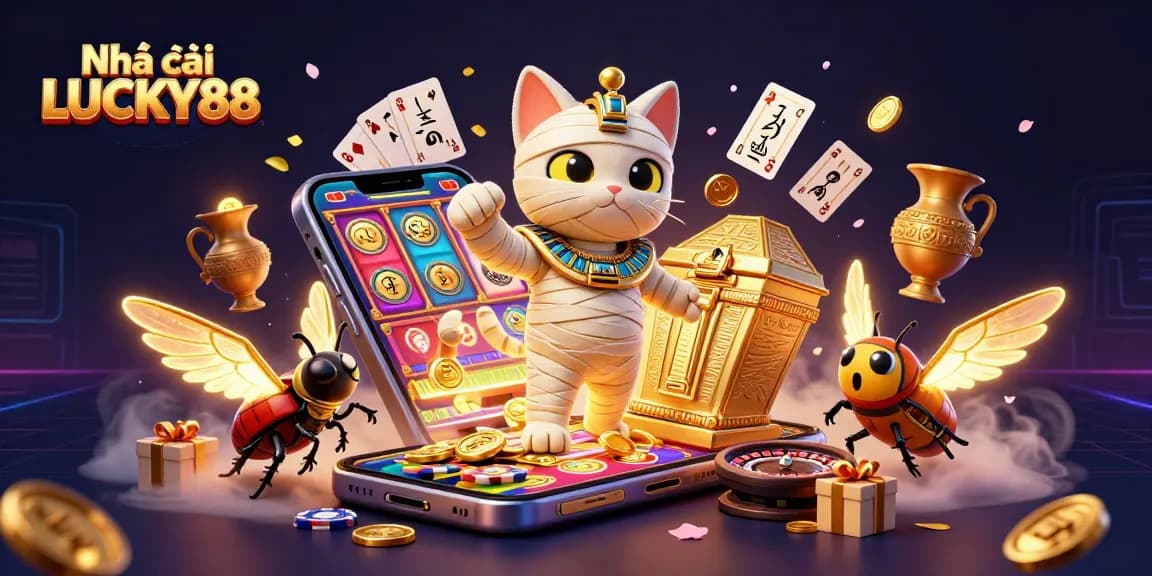Engage with Nhà cái LUCKY88 in this vibrant 3D casino scene featuring Egyptian elements and gaming action.