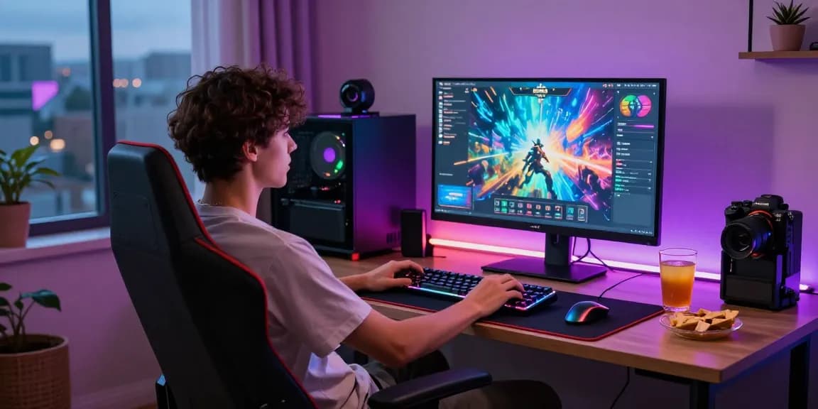 Pengalaman bermain game KUDALIAR89 di ruang gaming modern dengan monitor dan aksesori gaming.