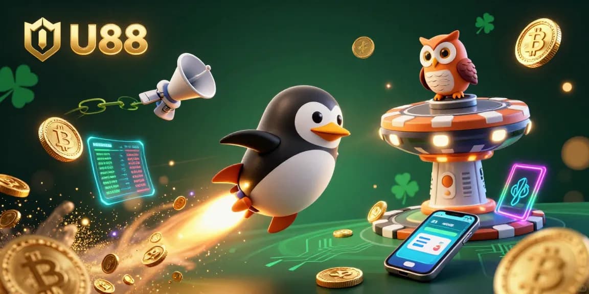 UU88 penguin soaring through a casino-themed space with gold coins, showcasing an exciting adventure in online gaming.