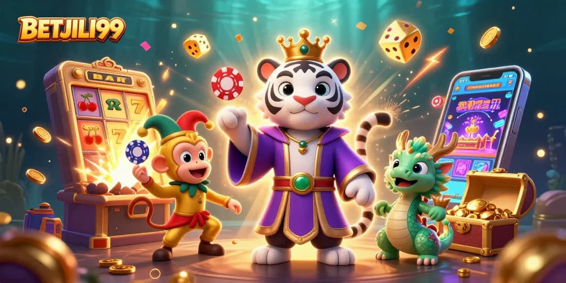 Experience the excitement of BETJILI99 with vibrant games and jackpots surrounded by dynamic characters and elements.