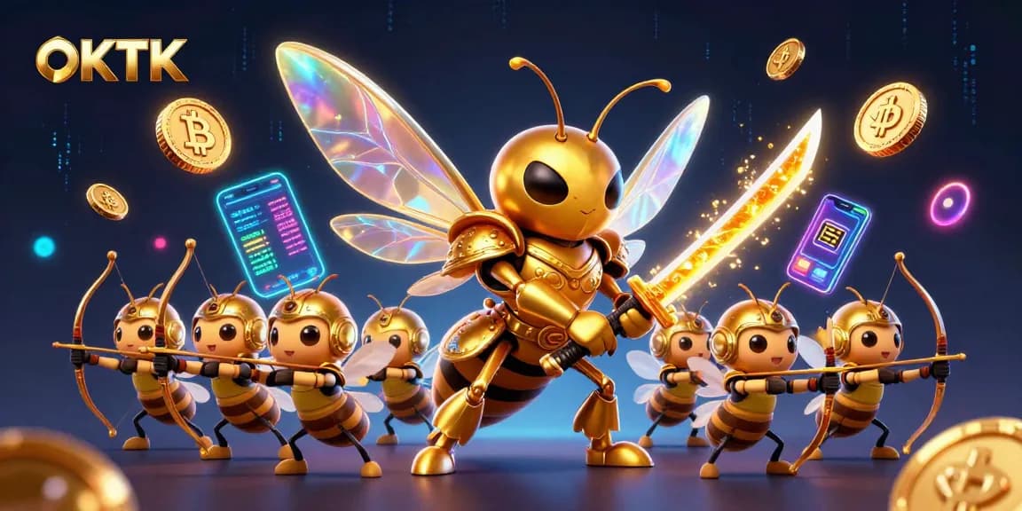 Engage with OKTK's vibrant gaming scene featuring a hornet warrior and cryptocurrency elements.