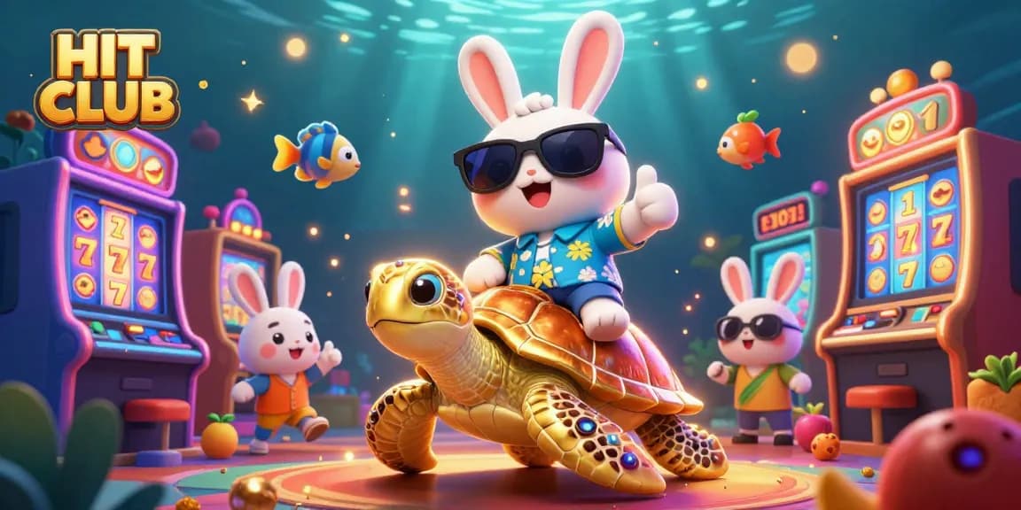 Experience thrilling gaming at HIT CLUB with a vibrant, animated casino scene featuring lucky symbols and action.
