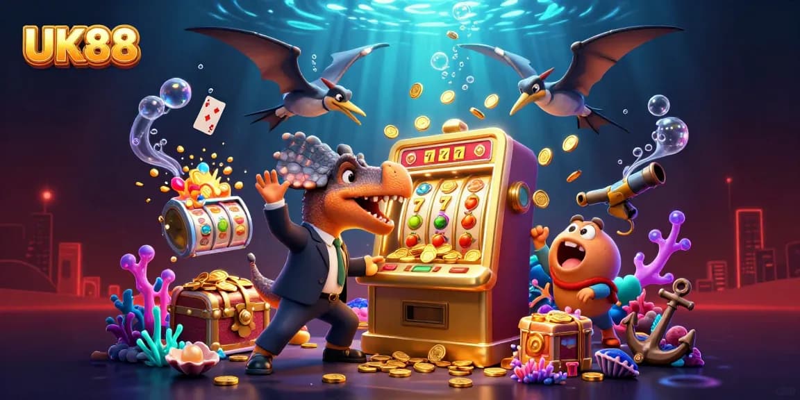 Experience UK88's thrilling jackpots as dinosaurs and games collide in this vibrant casino scene.