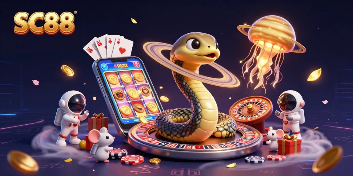 SC88 players engaging in bets with a festive cosmic dealer in a vibrant casino scene.