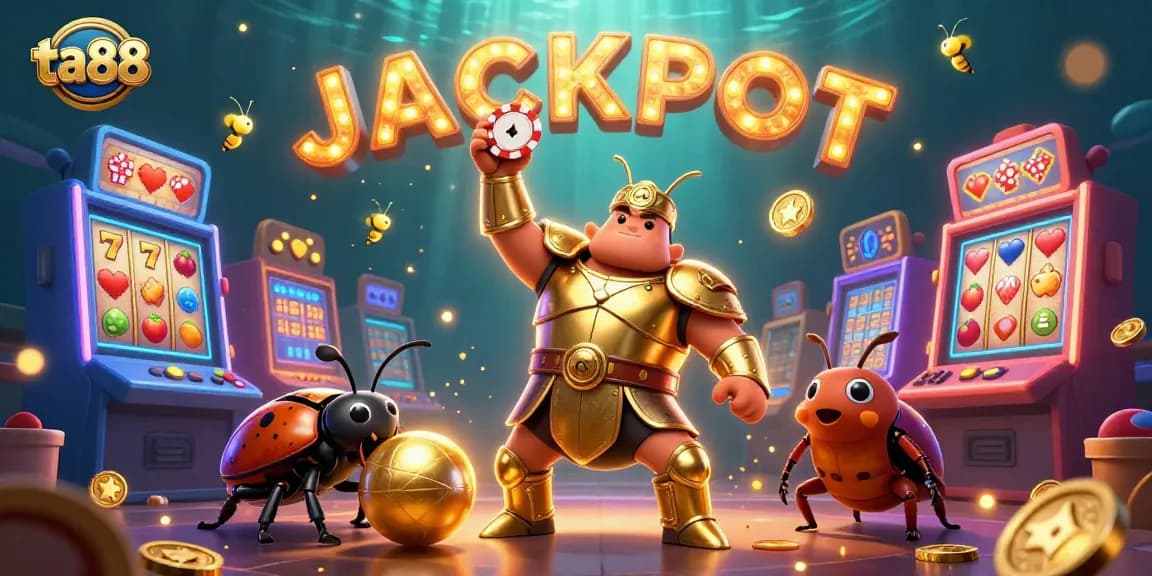 Win exciting slots with ta88 featuring a heroic beetle character lifting a poker chip.