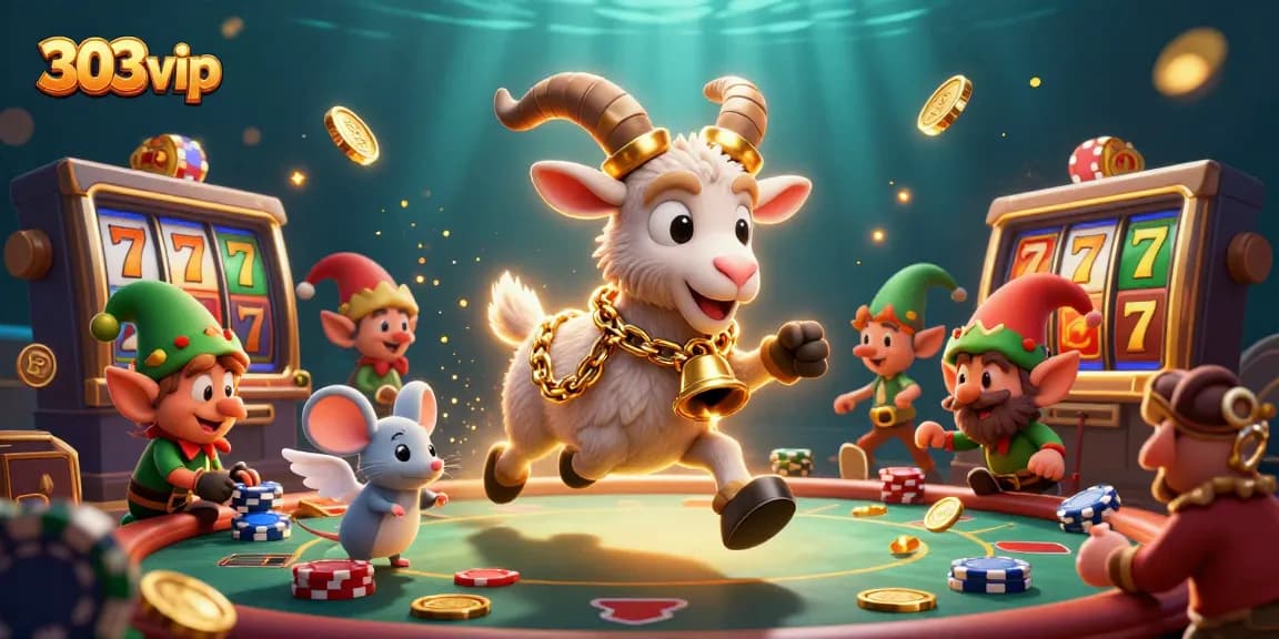 Engage with the thrilling atmosphere of 303vip casino featuring exciting slot games and festive characters.