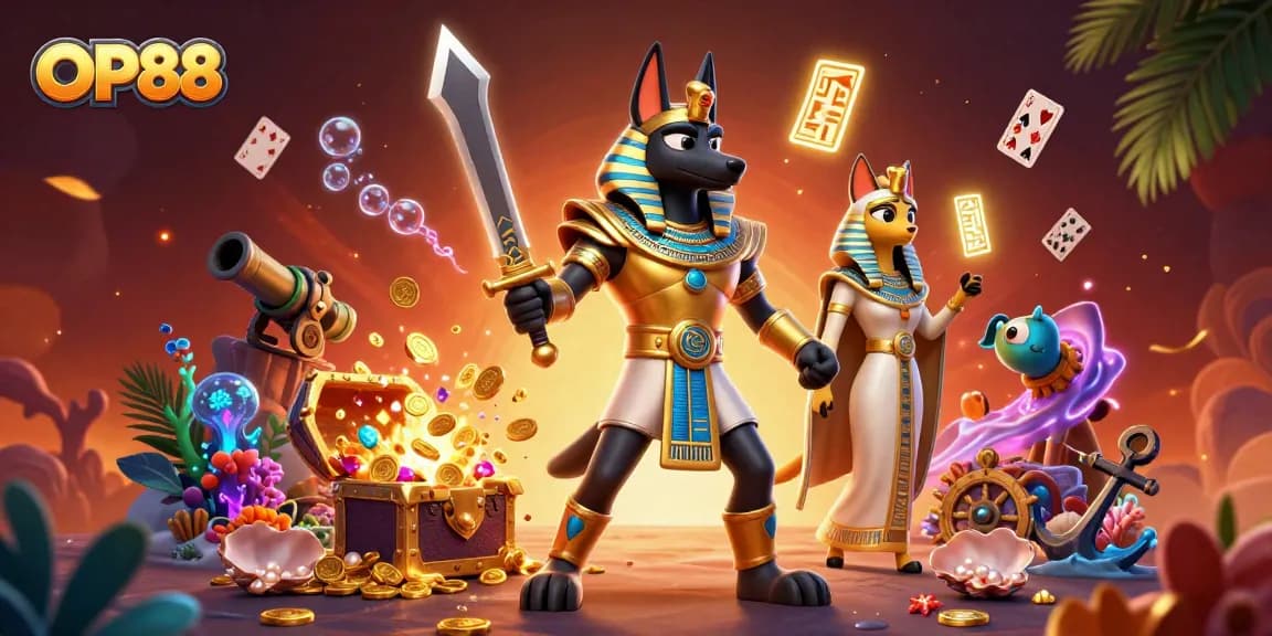 Engage in immersive gaming with OP88's vibrant 3D illustration showcasing a dynamic casino experience.
