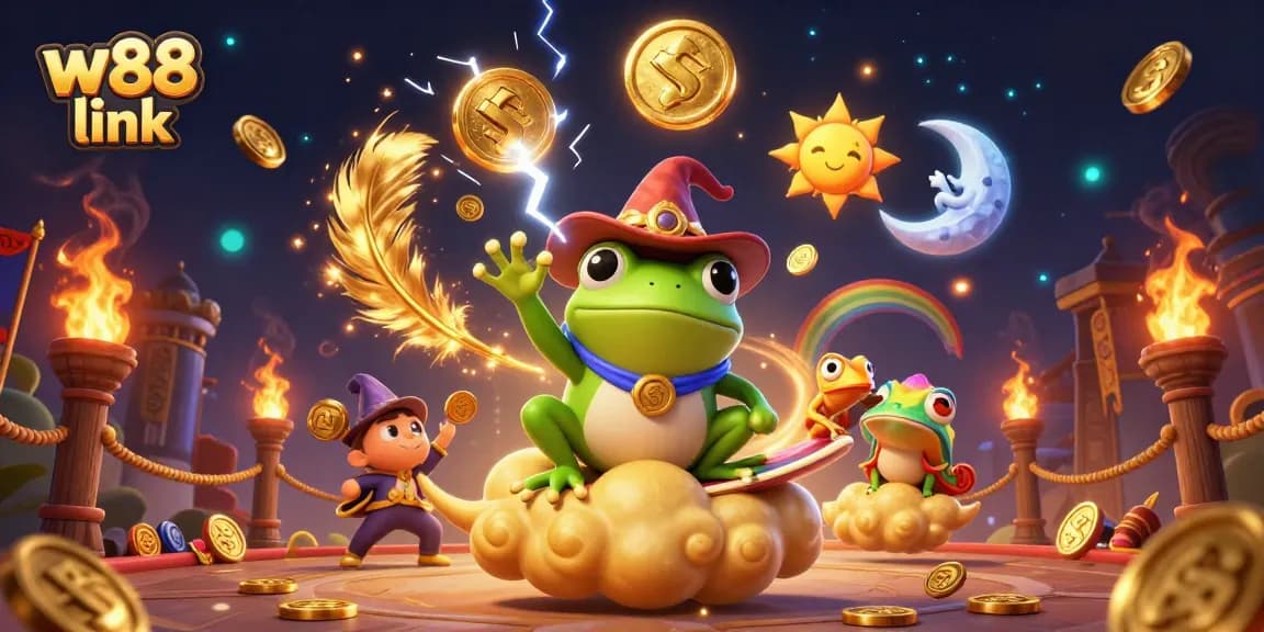 Engage in thrilling action with the W88 link, featuring a wizard frog and rainbow chameleon conjuring golden riches.